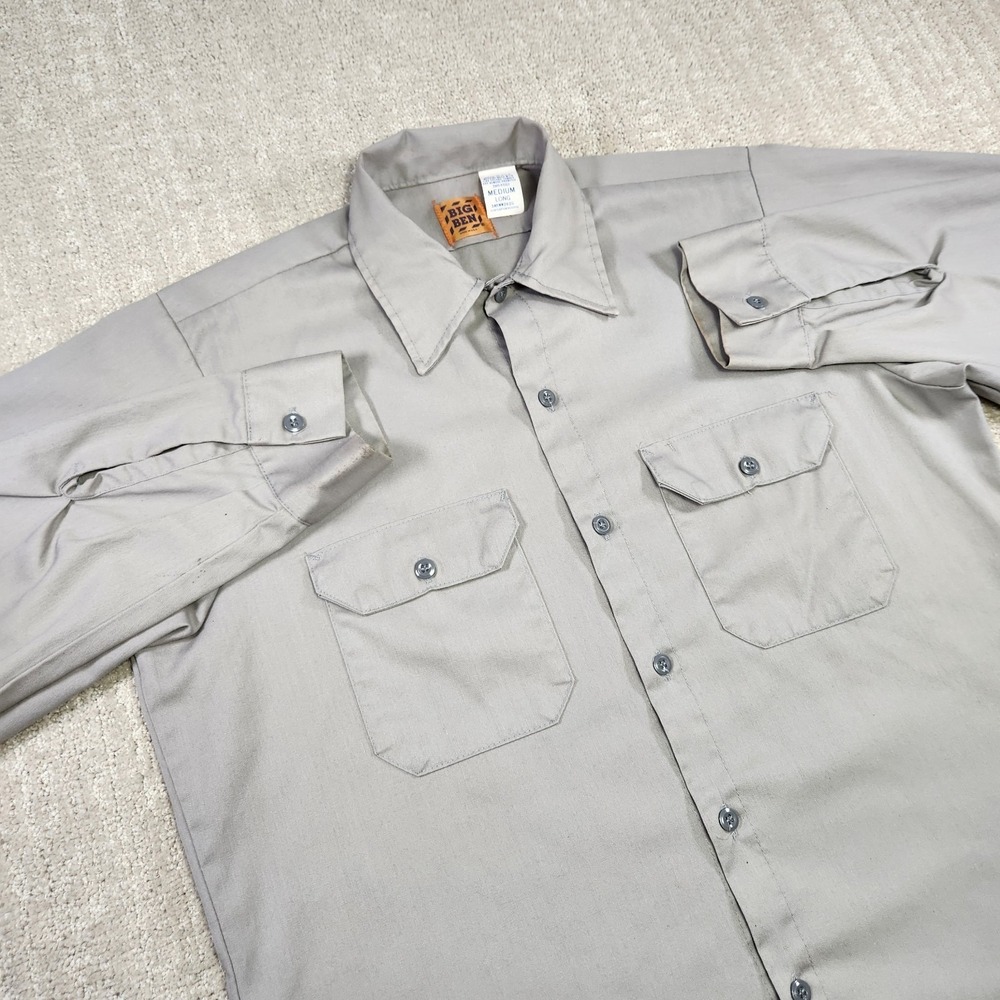 Vintage 70s Big Ben Shirt Men Medium Long Button Up USA Made Work Pocket‎ Gray
